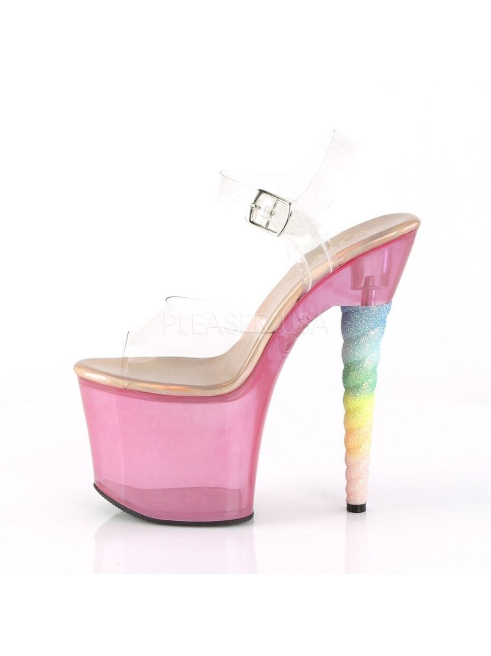 Size 6 New Pink 7" Rainbow Glitter Unicorn Horn Heel Ankle Strap Party Shoes